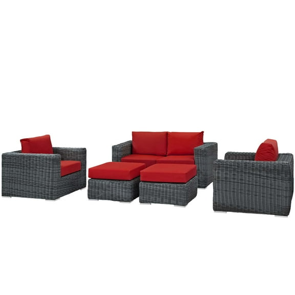 Modern Contemporary Urban Design Outdoor Patio Balcony Garden Furniture Lounge Sectional Sofa Set, Sunbrella Rattan Wicker, Grey Red