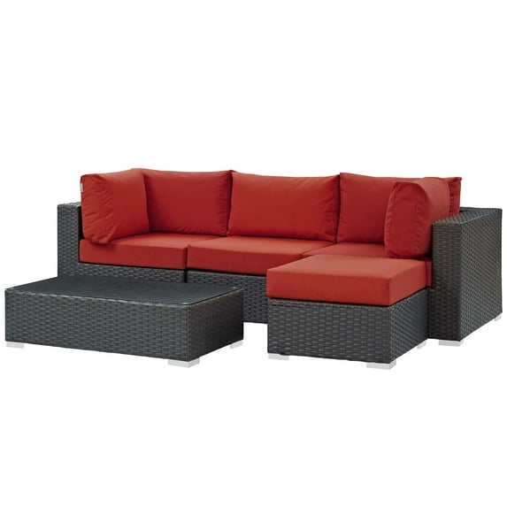 Modern Contemporary Urban Design Outdoor Patio Balcony Garden Furniture Lounge Sectional Sofa Set, Sunbrella Rattan Wicker, Red