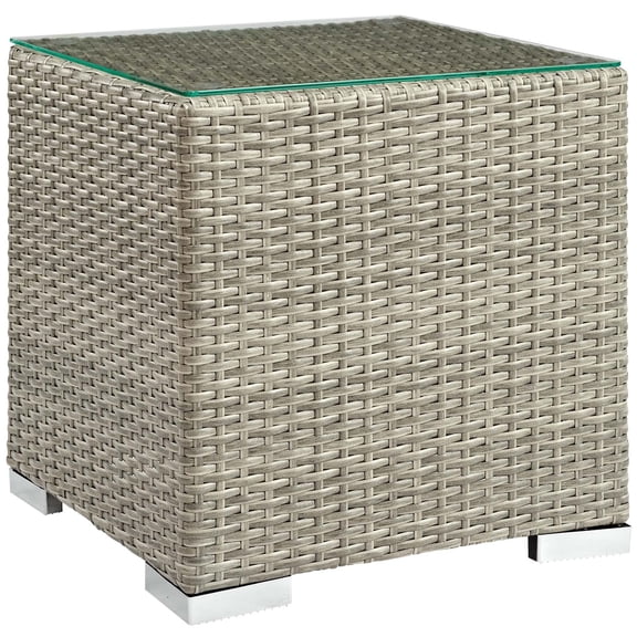 Modern Contemporary Urban Design Outdoor Patio Balcony Garden Furniture Lounge Side Table, Sunbrella Rattan Wicker Glass, Light Grey Gray