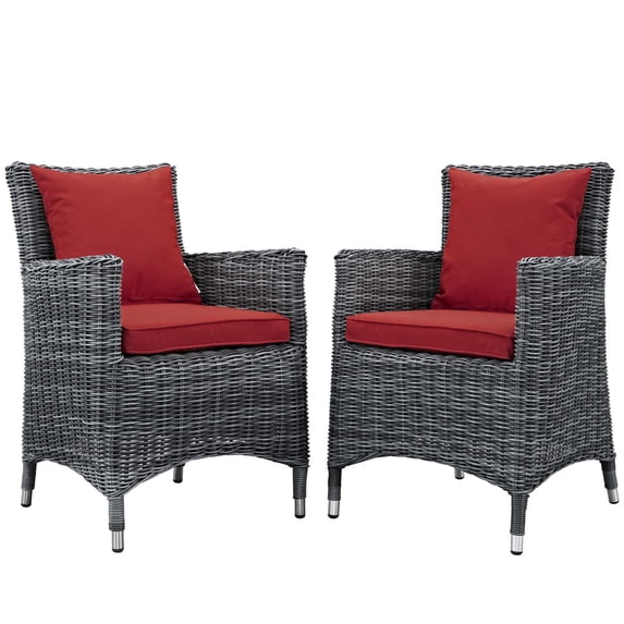 Modern Contemporary Urban Design Outdoor Patio Balcony Garden Furniture Side Dining Chair, Set of Two, Sunbrella Rattan Wicker, Red