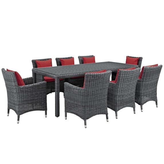 Modern Contemporary Urban Design Outdoor Patio Balcony Garden Furniture Side Dining Chair and Table Set, Sunbrella Rattan Wicker, Red