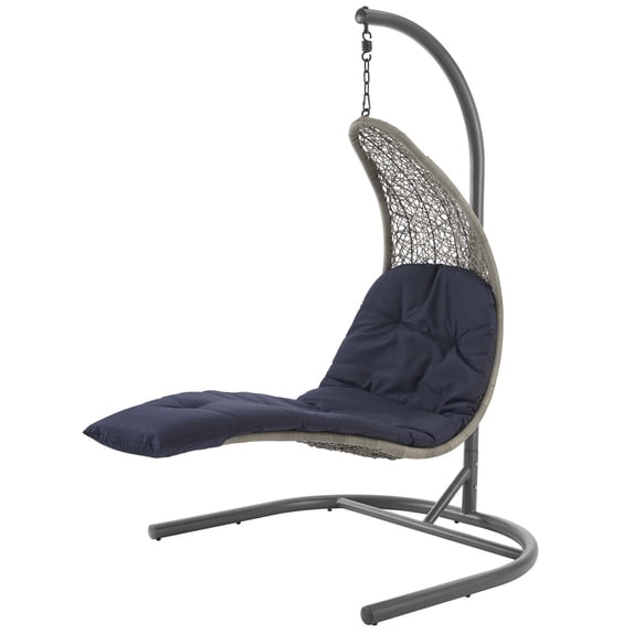Modern Contemporary Urban Design Outdoor Patio Balcony Garden Furniture Swing Lounge Chair, Rattan Wicker, Navy Blue Light Gray