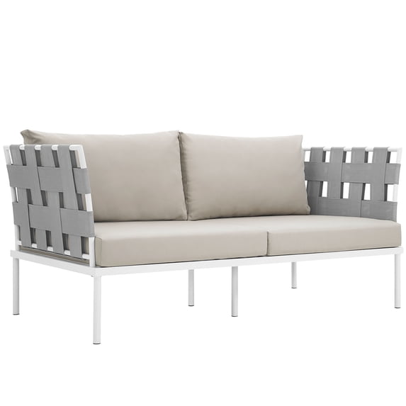 Modern Contemporary Urban Design Outdoor Patio Balcony Loveseat Sofa, Beige White, Rattan