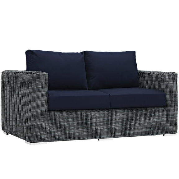 Modern Contemporary Urban Design Outdoor Patio Balcony Loveseat Sofa, Navy Blue, Rattan