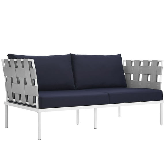 Modern Contemporary Urban Design Outdoor Patio Balcony Loveseat Sofa, Navy Blue White, Rattan
