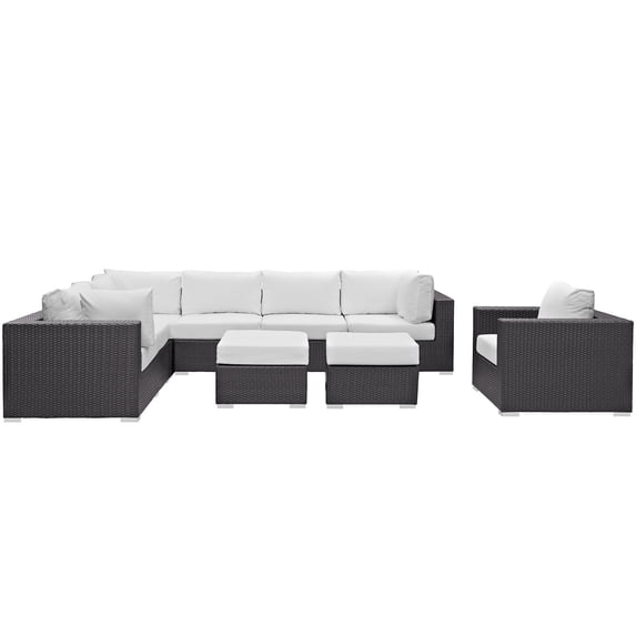 Modern Contemporary Urban Design Outdoor Patio Balcony Nine PCS Sectional Sofa Set, White, Rattan