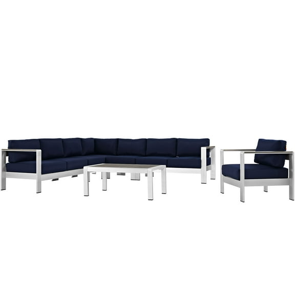 Modern Contemporary Urban Design Outdoor Patio Balcony Seven PCS Sectional Sofa Set, Navy Blue, Aluminum