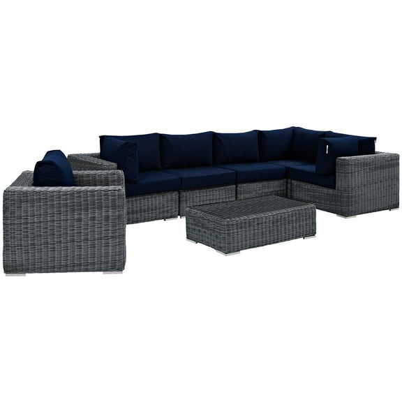 Modern Contemporary Urban Design Outdoor Patio Balcony Seven PCS Sectional Sofa Set, Navy Blue, Rattan