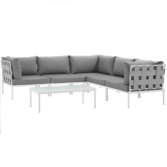 Modern Contemporary Urban Design Outdoor Patio Balcony Six PCS Sectional Sofa Set, Grey White Gray, Rattan