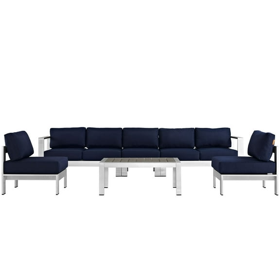 Modern Contemporary Urban Design Outdoor Patio Balcony Six PCS Sectional Sofa Set, Navy Blue, Aluminum