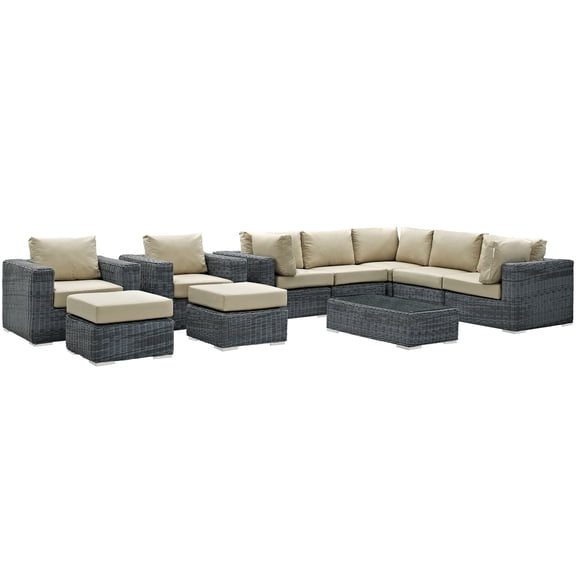 Modern Contemporary Urban Design Outdoor Patio Balcony Ten PCS Sectional Sofa Set, Beige, Rattan