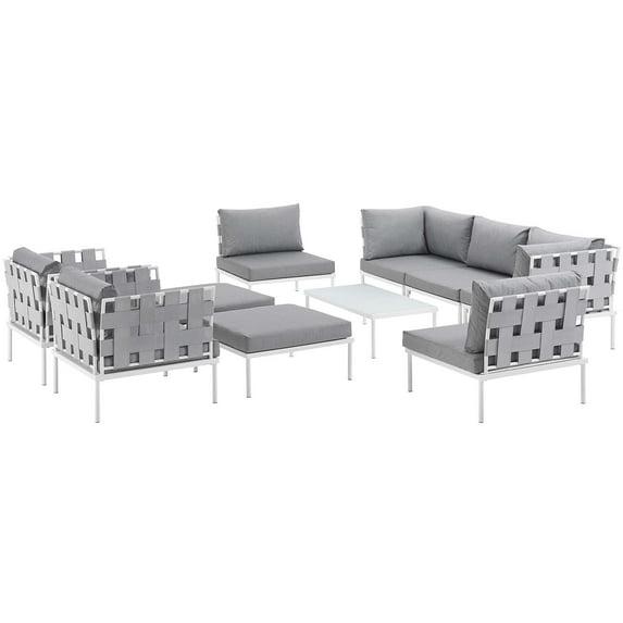 Modern Contemporary Urban Design Outdoor Patio Balcony Ten PCS Sectional Sofa Set, Grey White Gray, Rattan