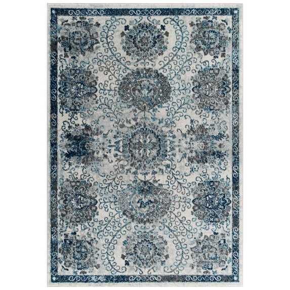 Modern Contemporary Urban Living Lounge Room Area Rug Runner Floor Carpet, Moroccan Distressed Vintage Style, Fabric, Blue Ivory White