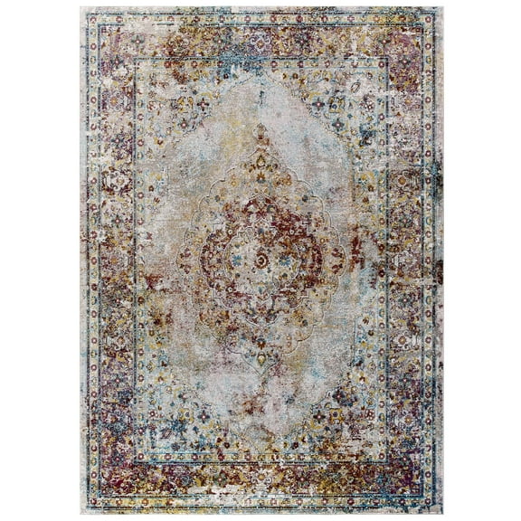 Modern Contemporary Urban Living Lounge Room Area Rug Runner Floor Carpet, Persian Distressed Vintage Style, Fabric, Multi Colorful