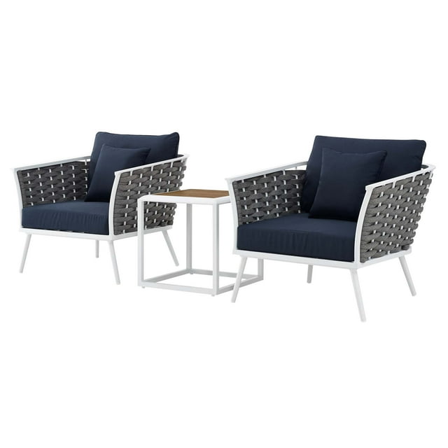 Modern Contemporary Urban Outdoor Patio Balcony Garden Furniture Lounge Chair Armchair and Side Table Set, Fabric Aluminium, White Navy