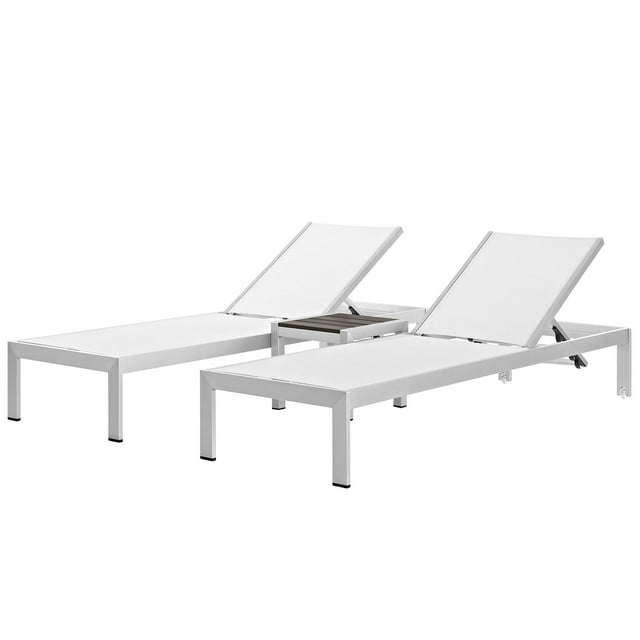 Modern Contemporary Urban Outdoor Patio Balcony Garden Furniture Lounge Chair Chaise and Side Table Set, Aluminum Metal Steel, White