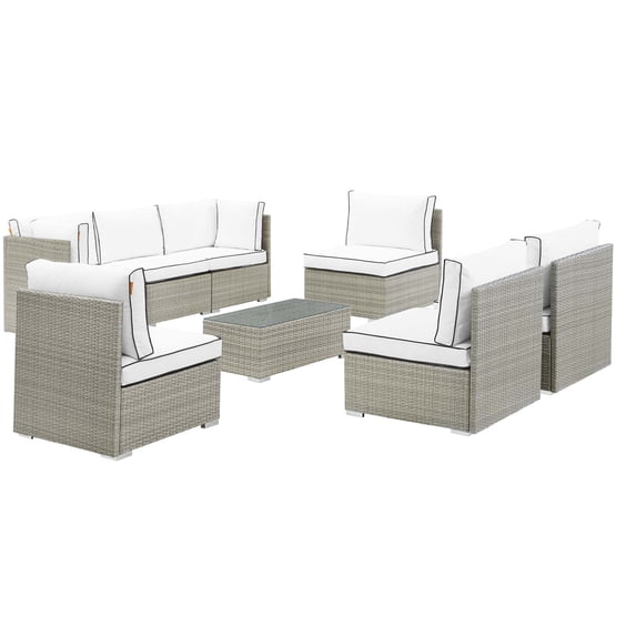 Modern Contemporary Urban Outdoor Patio Balcony Garden Furniture Lounge Sectional Sofa and Table Set, Sunbrella Rattan Wicker, White Light Gray