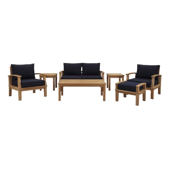 Modern Contemporary Urban Outdoor Patio Balcony Garden Furniture Lounge Sofa and Chair and Coffee Table Set, Wood, Navy Blue Natural