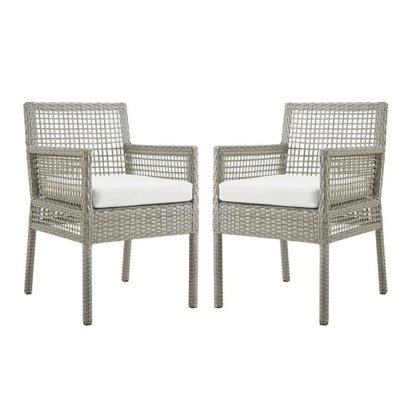 Modern Contemporary Urban Outdoor Patio Balcony Garden Furniture Side Dining Chair Armchair, Set of Two, Rattan Wicker, Grey Gray White
