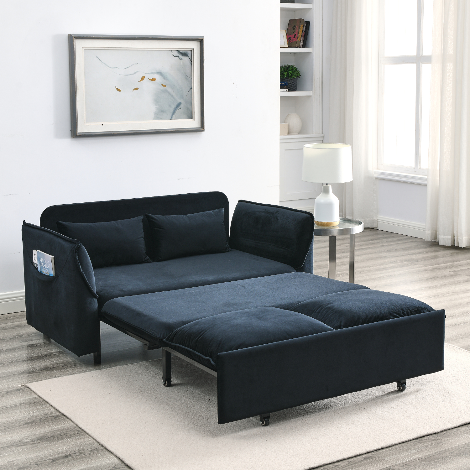 Modern Convertible Black Velvet Sofa Bed Stylish Loveseat with Multi