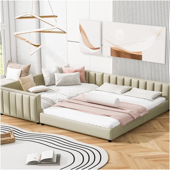 Modern Convertible Daybed with Upholstered Platform, PU Leather Queen & Twin XL Sofa Bed with Detachable Safety Rails