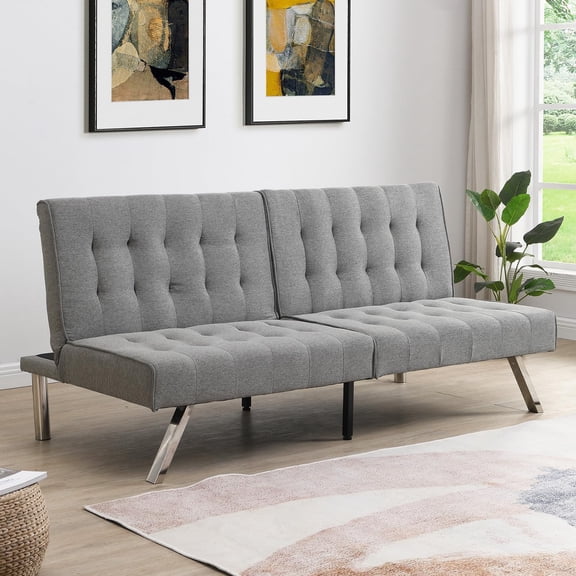 Modern Convertible Futon Sofa Bed, Adjustable Loveseat Futon Couch with Metal Legs, Upholstered Sofa Bed with Wood Frame, Sleeper Couches for Small Compact RV Living Room,Office (Grey-Fabric)