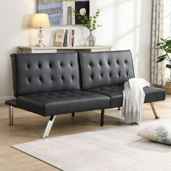 Modern Convertible Futon Sofa Bed, Adjustable Loveseat Futon Couch with Metal Legs, Upholstered Sofa Bed with Wood Frame, Sleeper Couches for Small Compact RV Living Room,Office (Black-Leather)