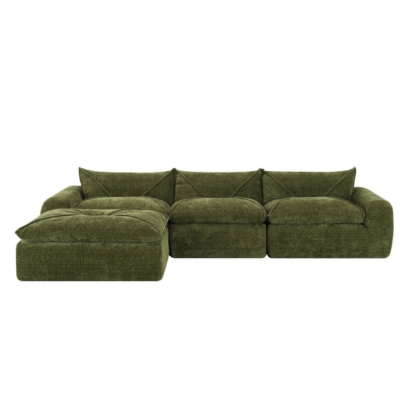 Modern Convertible L-Shaped Sectional Sofa, Chenille Upholstered Fully Compressed Modular Couch With Movable Ottoman for Living Room Apartment Office