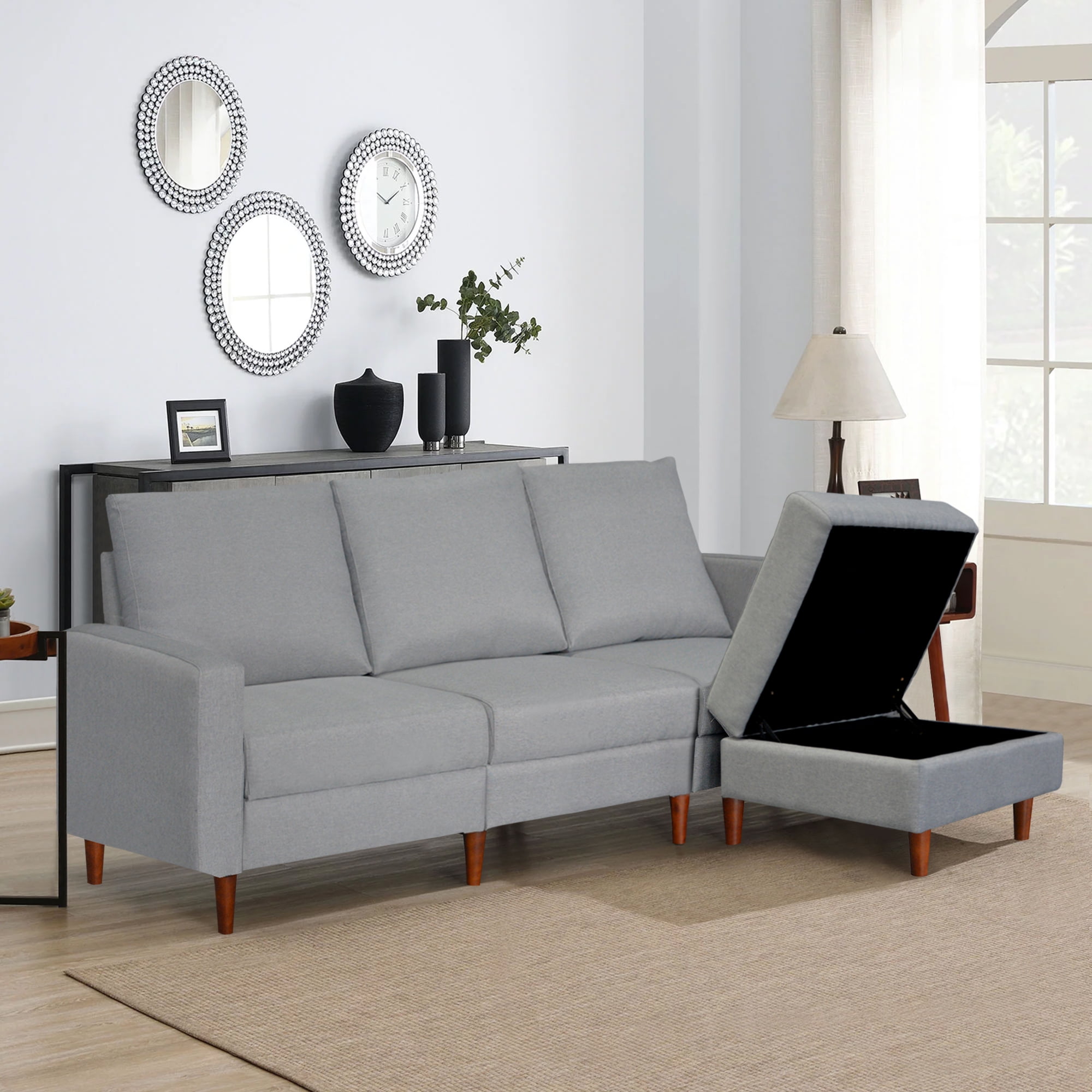 Modern Convertible Sectional Sofa Couch with Movable Storage Ottoman