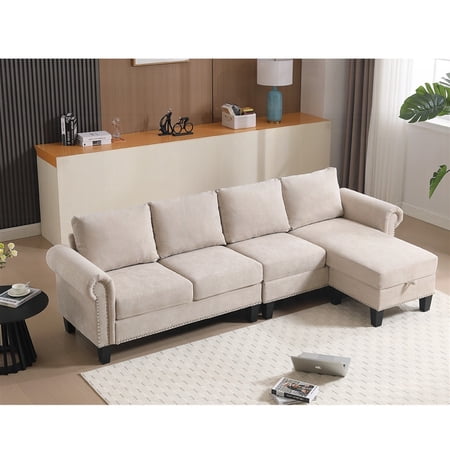 Modern Convertible Sectional Sofa with Storage|Beige, 4-seater|L-shaped