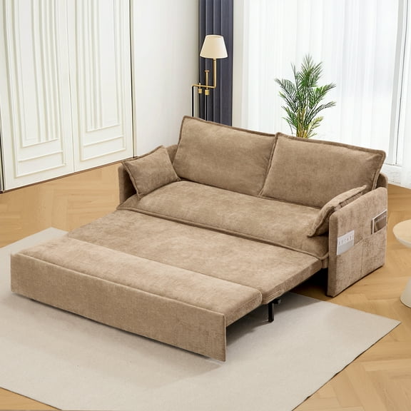 Modern Convertible Sleeper Sofa with USB Charging, Queen-size Chenille Upholstery Sofa Bed, Brown