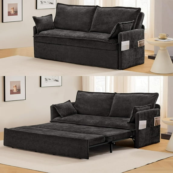 Modern Convertible Sleeper Sofa with USB Charging, Queen-size Corduroy Upholstery Sofa Bed, Black