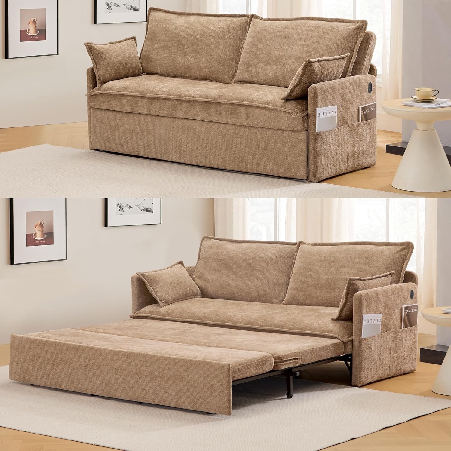 Modern Convertible Sleeper Sofa with USB Charging, Queen-size Corduroy Upholstery Sofa Bed, Brown
