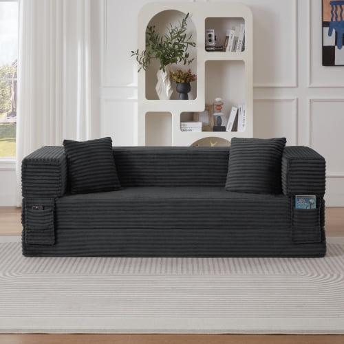 Modern Convertible Sofa Bed with Cord Fabric and High-Density Foam, 3-Seat Sleeper Sofa with Classic Square Design, Space-Saving Couch for Apartment and Living Room, Dark Gray