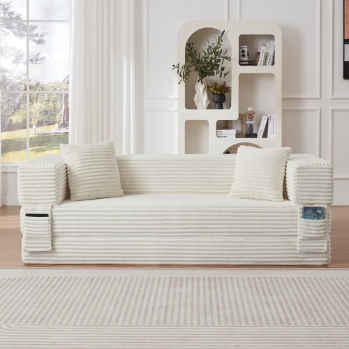 Modern Convertible Sofa Bed with Cord Fabric and High-Density Foam, 3-Seat Sleeper Sofa with Classic Square Design, Space-Saving Couch for Apartment and Living Room, White