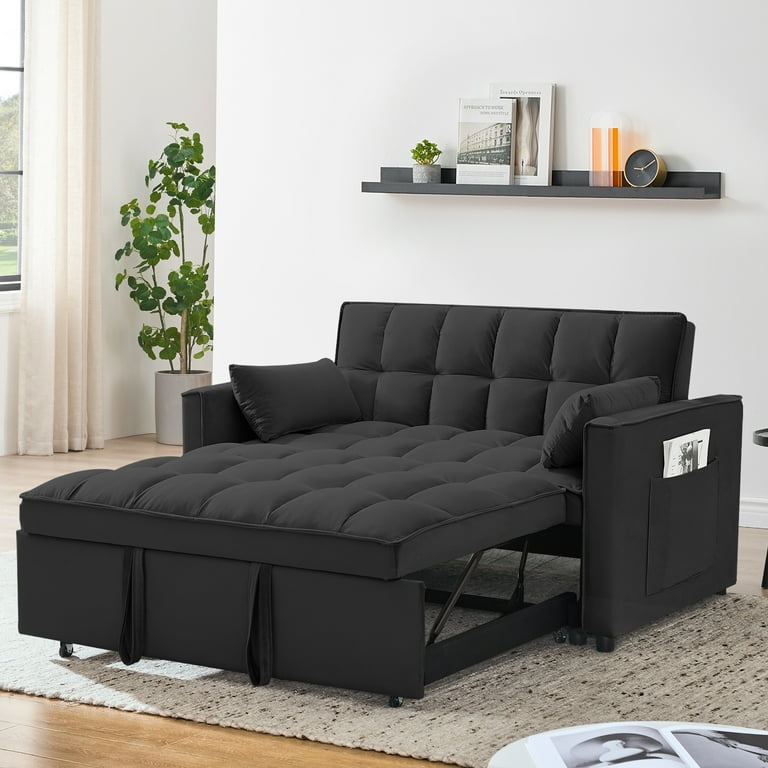 Modern Convertible Sofa Bed with Pull Out Bed Velvet Convertible Sleeper Sofa Bed with Adjustable Backrest Toss Pillows Side Pockets Upholstered Loveseat Sofa Couch for Living Room Office Black Walmar...