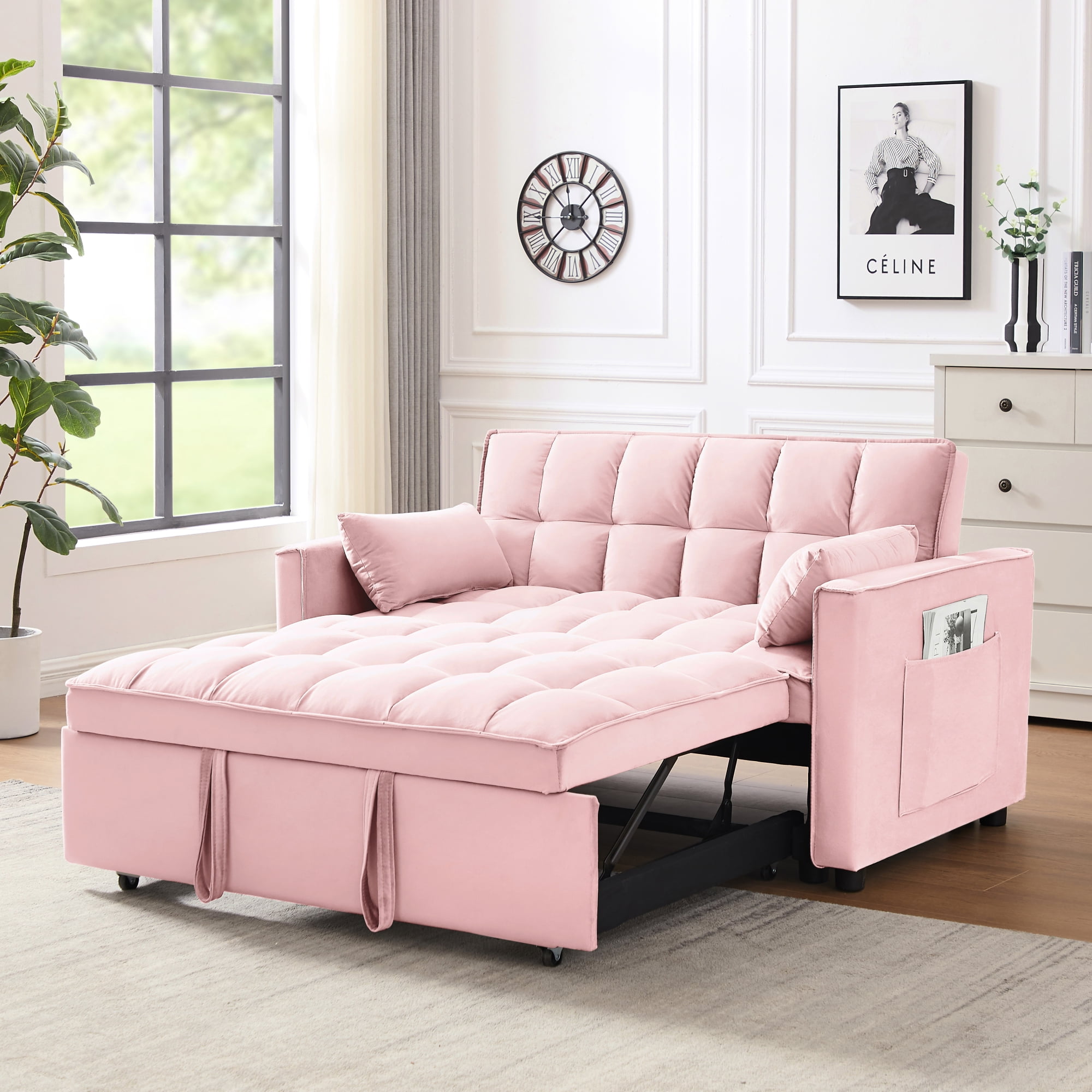 Modern Velvet Loveseat Futon Sofa Couch with Pullout Bed, Adjustable Backrest, Toss Pillows, Light Gray