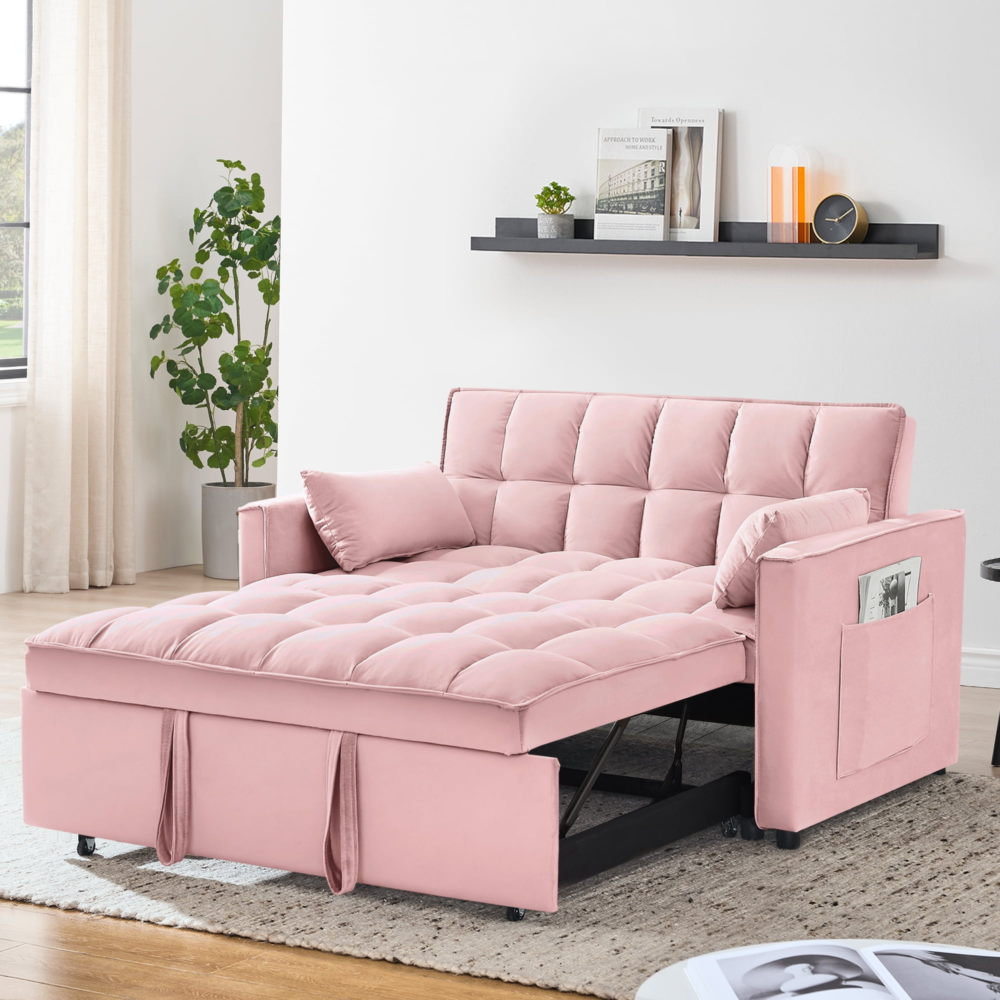 Free Shipping Modern Convertible Sofa Bed with Pull Out Bed Velvet Convertible Sleeper Sofa Bed with Adjustable Backrest Toss Pillows Side Pockets Upholstered Loveseat Sofa Couch for Living Room Offic...