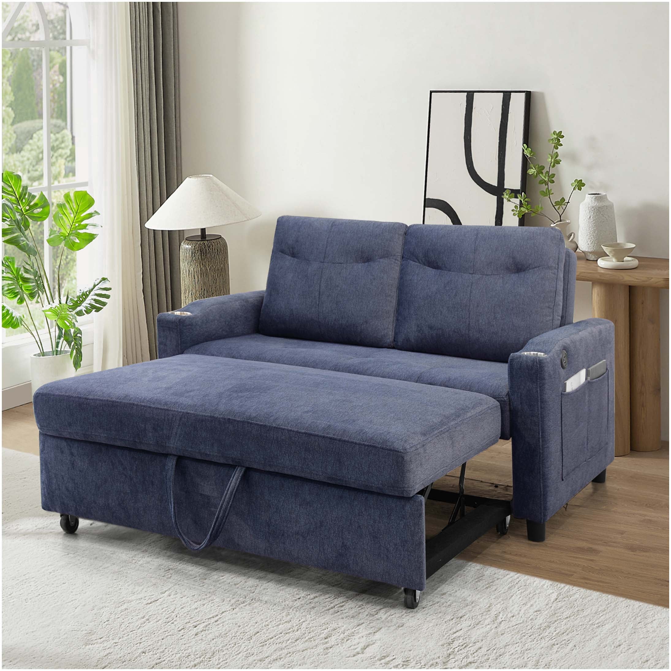 Modern Convertible Velvet Loveseat Sofa Bed with USB Charging & Storage ...