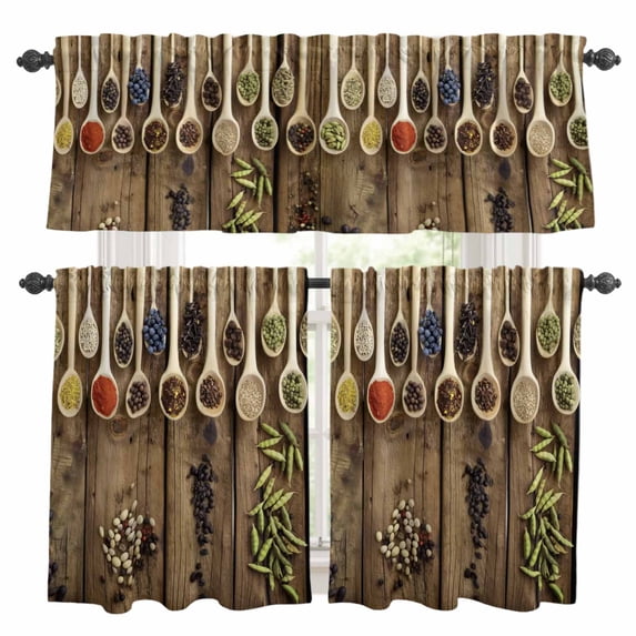 Modern Cooking Kitchen Curtains Sets for Windows 36 Inch Length, Farmhouse Country Wooden Grain Rod Pocket Window Treatments Tier Curtains and Valances Set for Bedroom/Bathroom