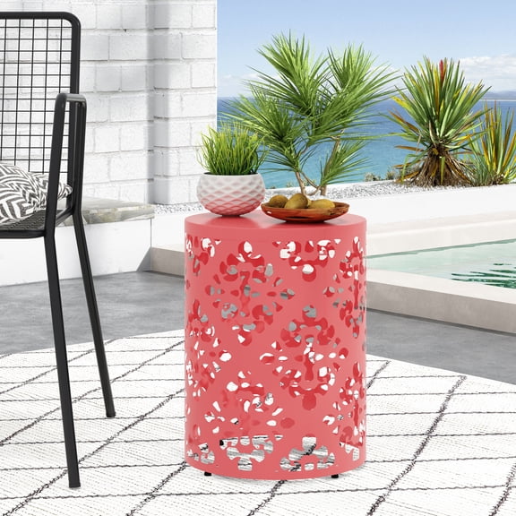 Modern Coral Metal End Table Chic Floral Iron Cut Design | Small Patio Accent