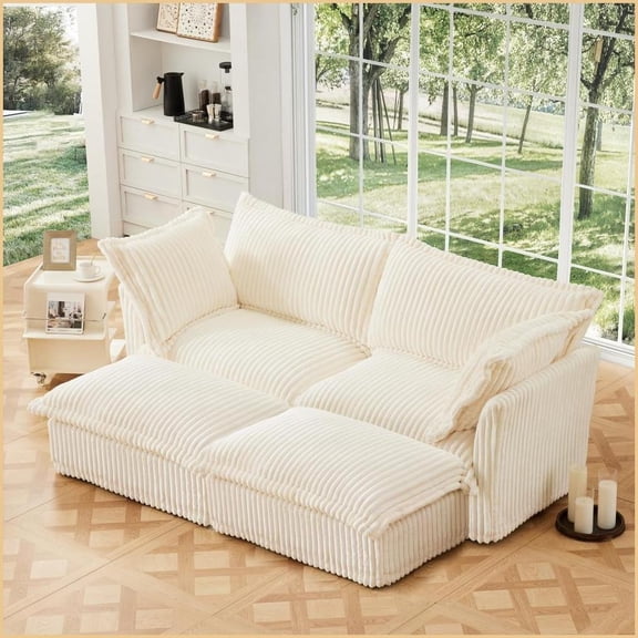 2-Seat Corduroy Sleeper Sofa with 2 Ottomans - Modern Cream Sofa Bed for Living Room | Cream | Corduroy | Cushion Back