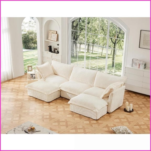 Modern Corduroy 3-Seat U-Shape Sectional Sofa with Removable Covers - Deep Seat Comfy Cloud Couch for Living Room, Cream