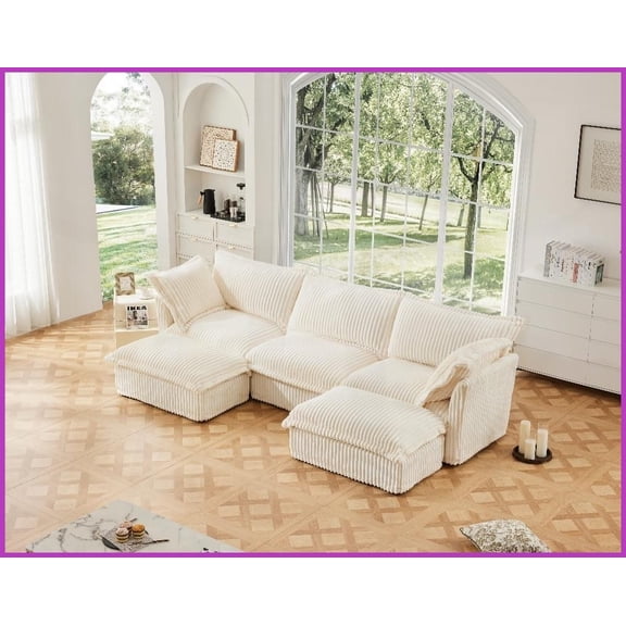 Modern Corduroy 3-Seat U-Shape Sectional Sofa with Removable Covers - Deep Seat Comfy Cloud Couch for Living Room, Cream