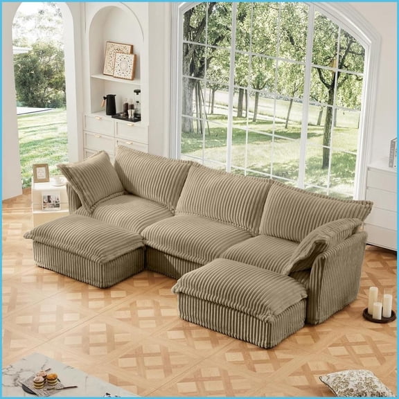 Modern Corduroy 3-Seat U-Shaped Sectional Sofa with Removable Covers - Deep Seat for Living Room, Camel