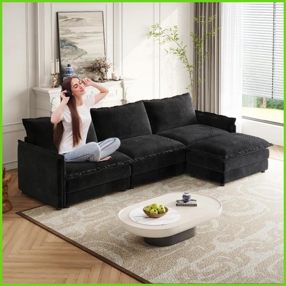 Modern Corduroy 3-Seater L-Shaped Couch with Movable Footrest - Oversized Deep Seat for Living Room