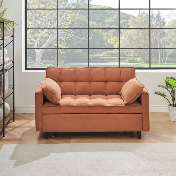 Modern Corduroy 3 in 1 Convertible Sleeper Sofa Bed with Back and 2 Pillows, Pull-Out Bed Loveseat with Pockets for Living Room , Bedroom (Orange)