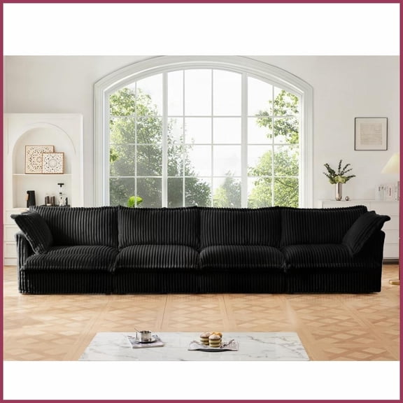 Modern Corduroy 4-Seat Living Room Sofa - Extra Deep Seat with Removable Cover, Black