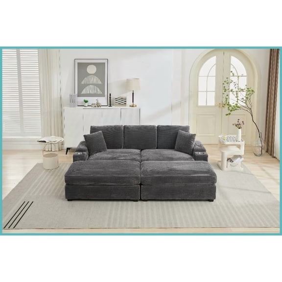 Modern Corduroy 4-Seat Modular Sectional Sofa with Storage Armrests & USB - Ideal for Living Rooms, Lofts & Apartments