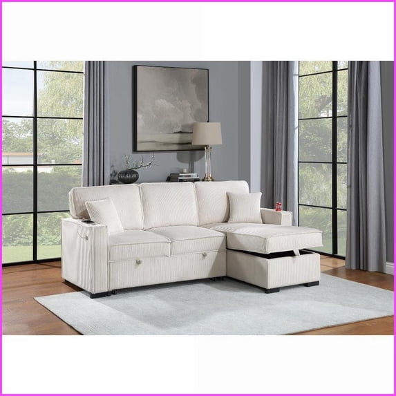 Modern Corduroy Convertible Sectional Sofa with Reversible Storage Chaise & Pull-Out Bed for Living Room | Beige | Corduroy | Cushion Back
